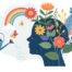 cartoon image of a head blooming with flowers, rainbows, and butterflies