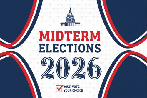 red, white, and blue themed image with words "midterm elections 2026"