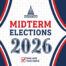 red, white, and blue themed image with words "midterm elections 2026"