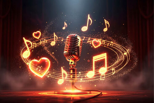 Light focused on microphone surrounded by glowing musical notes and hearts