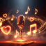Light focused on microphone surrounded by glowing musical notes and hearts