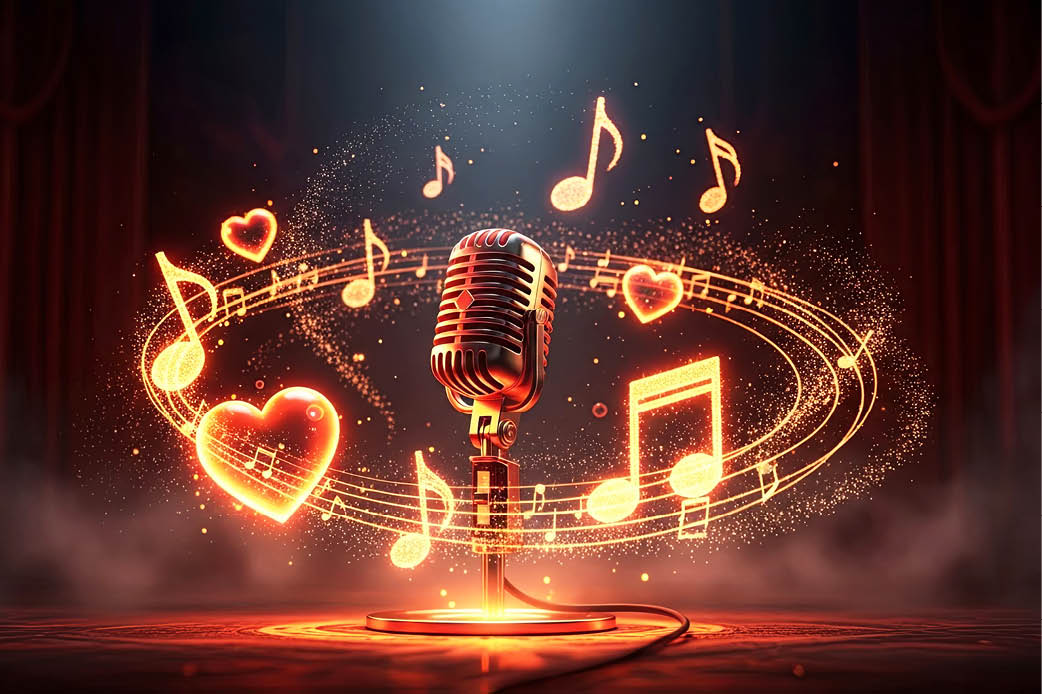 American Songs Light focused on microphone surrounded by glowing musical notes and hearts