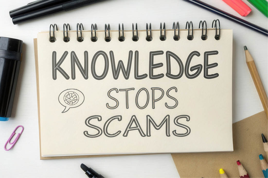 Scams in Montogomery County Notepad with words "Knowledge stops scams"