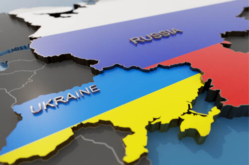 Map of Russia and Ukraine in their country's colors