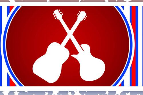 two guitars with red, white, and blue background