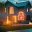 Lit up house at night with lock