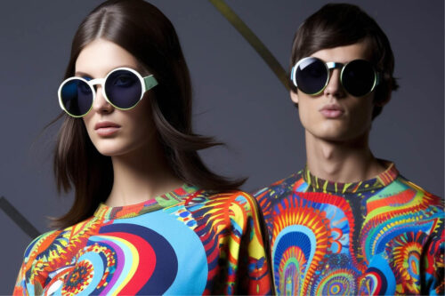 female and male model in matching colorful outfit and sunglasses