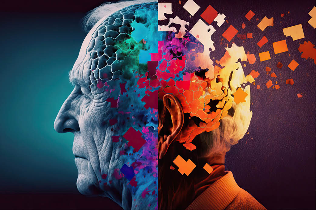 Dementia Mans brain turning into a colorful puzzle