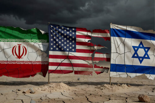 Iranian flag, American flag, and Israeli flag