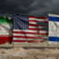 Iranian flag, American flag, and Israeli flag