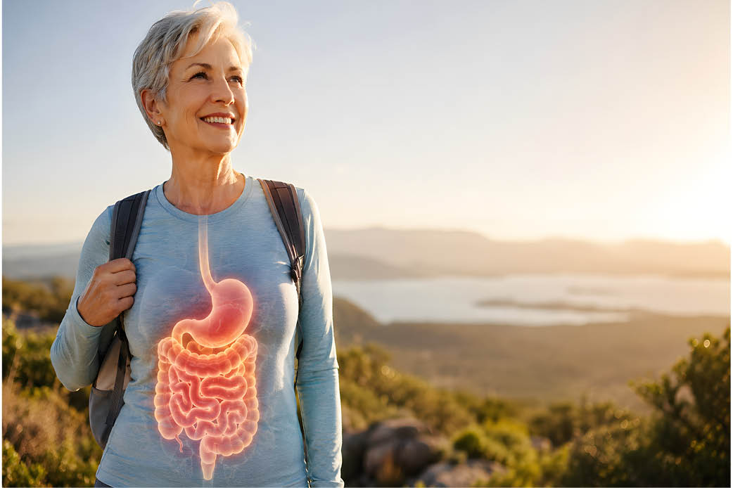 Digestive Health Women at top of mountain with digestive organs highlighted