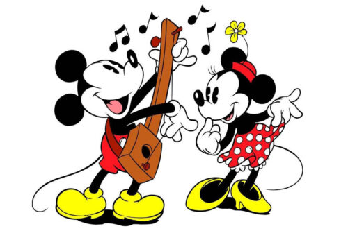 Mickey Mouse playing the guitar to Miney Mouse